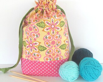 Drawstring Knitting Bag, Project Bag, Yarn Storage in Pink Yellow Flowers, Gift for Knitter, Yarn Bag or Bowl