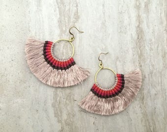 Taupe Tassel Hoop Earrings, Tassle Fringe Hoops, Large Tassel Fan Earrings,Beige Tassels, Gold Hoop Earrings, Lightweight