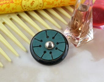 Black and Turquoise - Circular Vintage Bakelite - Retro Button Brooch - Upcycled - Repurposed - Sustainable - Eco Friendly Jewellery