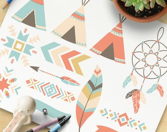 Tribal Elements Clipart, Teepee, Navajo, Southwestern, Indian Digital Clipart, Tribal Clip Art, Dreamcatcher, Arrows - Commercial & Personal