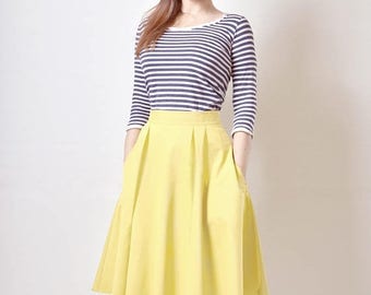 JULY 20 OFF Yellow Skirt, Midi skirt, Flared Skirt, Cotton Sateen Skirt with Pockets