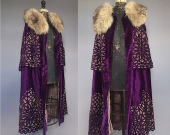 RESERVED * Incredible 1910s 1920s Cutout Purple Silk Velvet Cape with Gold Lamé Lining and Fur Collar - S M L XL OS
