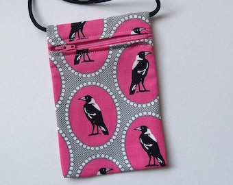 Pouch Zip Bag MAGPIE birds Pink Fabric. great for walkers, markets, travel. Cell Phone Pouch. Small fabric purse. Multiple uses. 6.5x4.25"