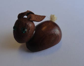 Vintage Handmade Brown Wood Rabbit Pin / Green Rhinestones