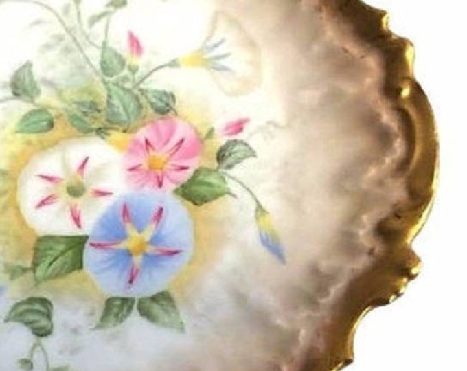 Antique French Coiffe Factory Limoges Plate, France, Heavy Gold with Morning Glories, Cabinet Plate, Hand Painted Floral Plate