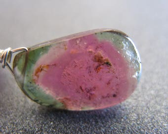 Natural Watermelon Tourmaline Necklace, Tourmaline Slice, Gemstone Necklace, Pink, Green, Sterling Silver, October Birthstone, OOAK - Juicy