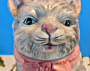 Ceramic Kitty Cat Storage Jar, Gray Kitty with Big Pink Bow, Treat Jar, Small Cookie Jar, Crown Accents, World Bazaar, Collectible Container