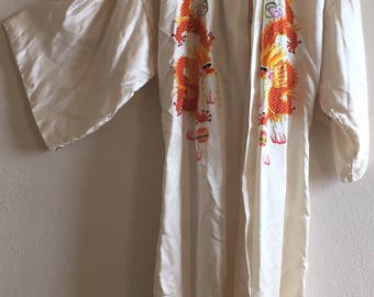 vintage 60's CREAM DRAGON ROBE - embroidered, small, medium, kimono