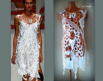 White Asymmetrical Top Crochet long top Summer Sleeveless Cotton Beach Plus size Cover up with Tassel Pompon Boho chic Asymmetric tunic Top