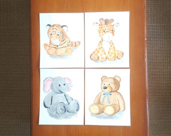 ORIGINAL Paintings - Set Of 4 - Stuffed Toys Watercolor Art - Animal Nursery Art - Nursery Art - Stuffed Toys Illustration