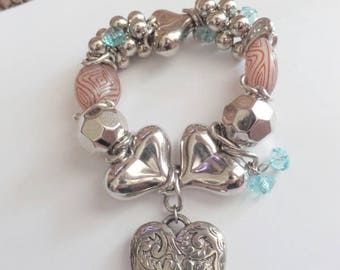 Chunky silver big hearts and bubbles with turquoise blue crystal stretch bracelet, lightweight big wrist bracelet, big bead wedding bracelet