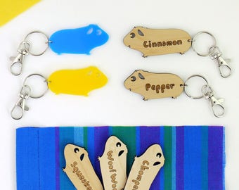 Smiling or Enigmatic Guinea Pig Wooden Keyring, Keychain or Bag Charm - Laser Cut Bamboo or Maple Wood Keychain