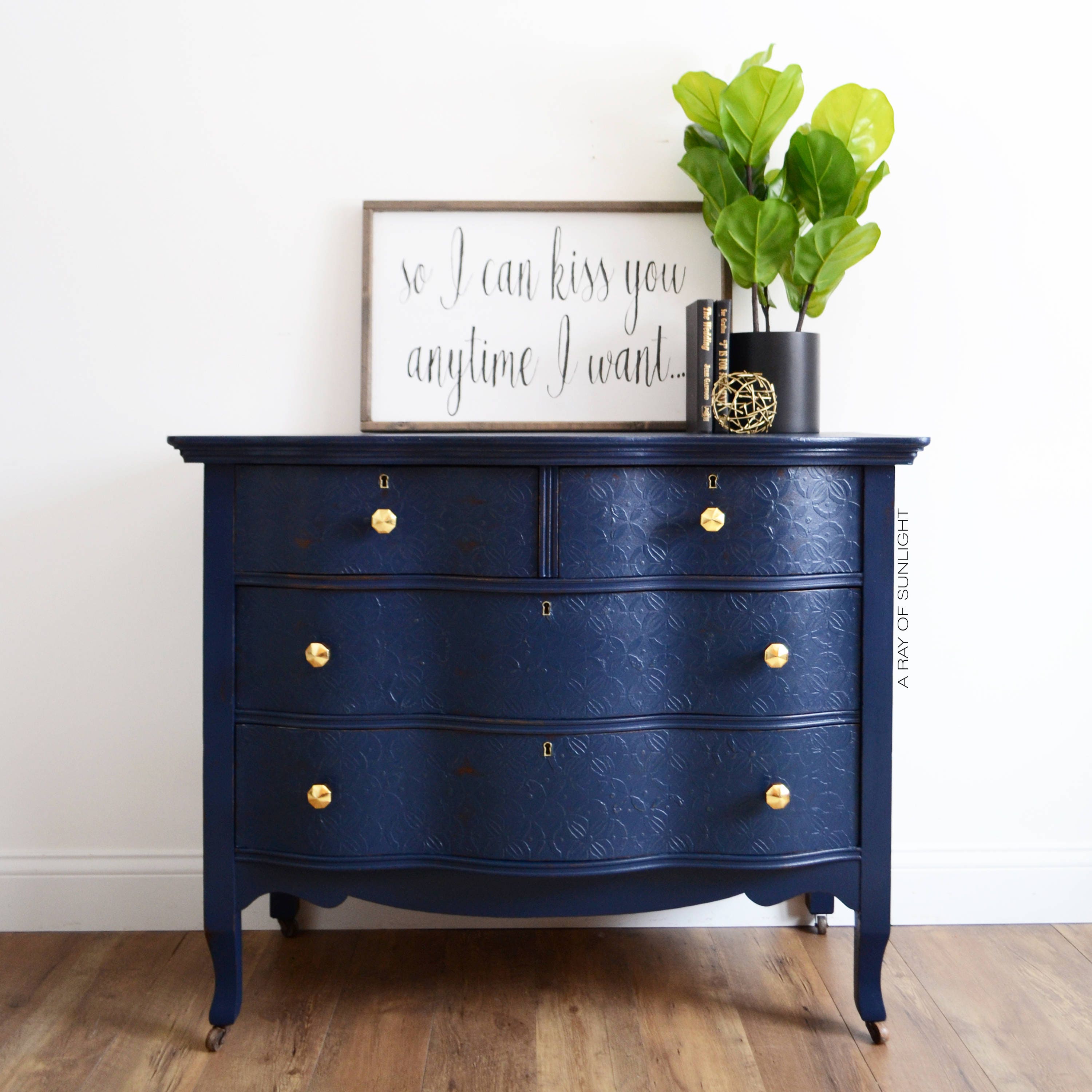 SOLD Navy Blue Dresser Gold Knobs Antique Furniture