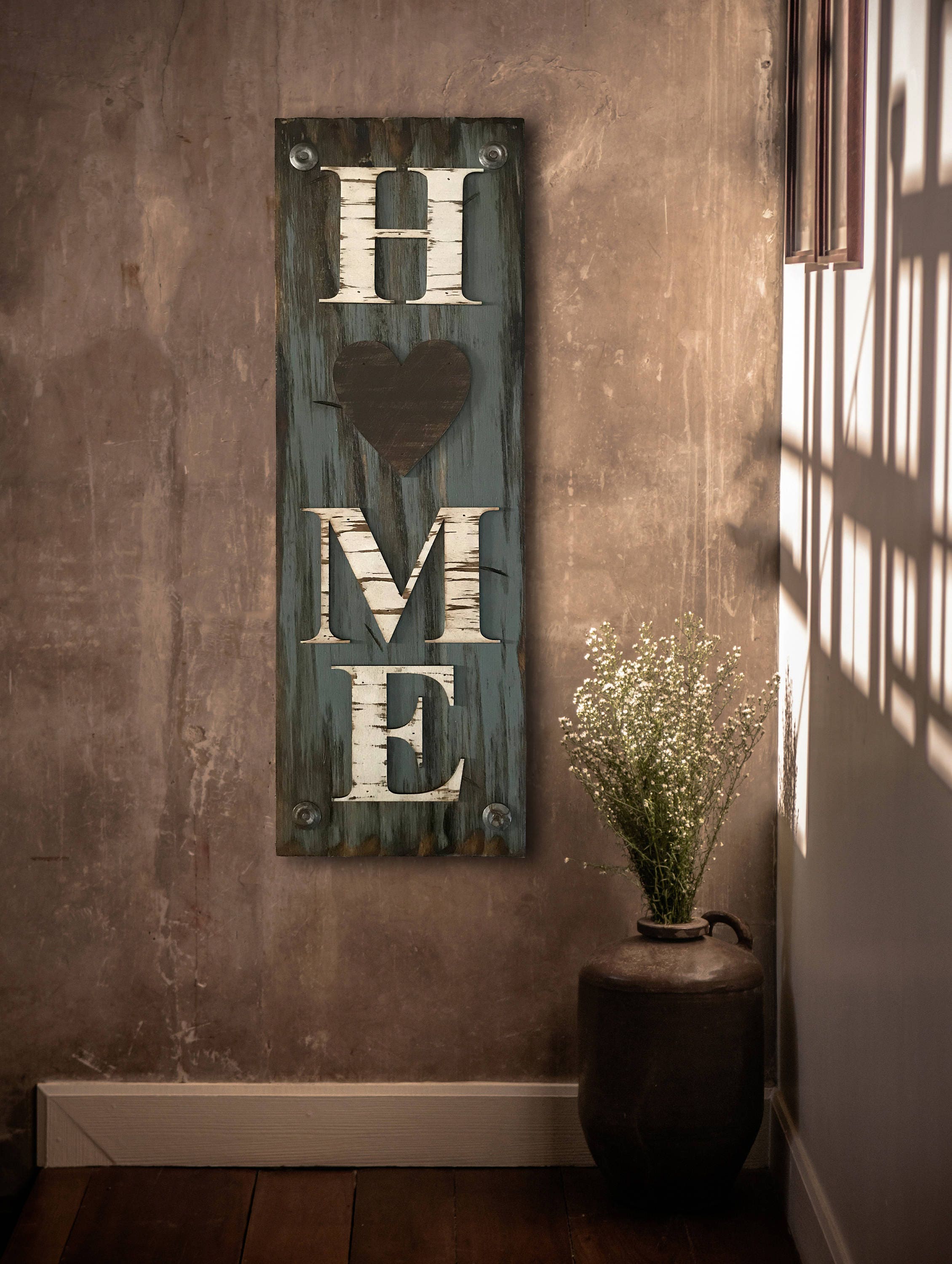HOME with Heart Sign Vertical, Indoor Outdoor Exterior, Farmhouse decor, Rustic Word Distressed ...