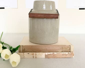 Vintage Stoneware Crock with Handle / Vintage Freckled Pottery Jar / Glazed Crock Jar