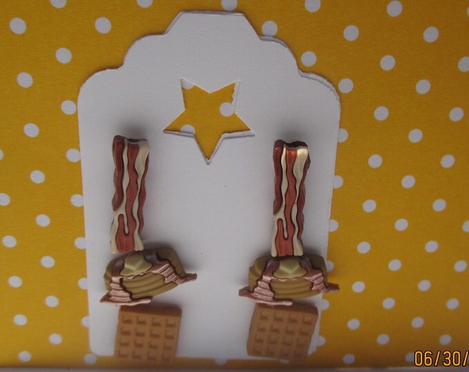 Bacon Earrings-Miniature-breakfast jewelry-Food Earrings-Novelty Jewelry-food studs-clip on earring-pancake stud-waffle clip on-jewelry set