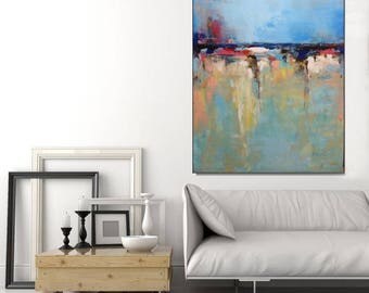 Abstract Art Large Original Art, Wall Art Canvas Modern Blue Abstract Painting, Blue Living Room Art Vertical Wall Art Artwork, Christovart