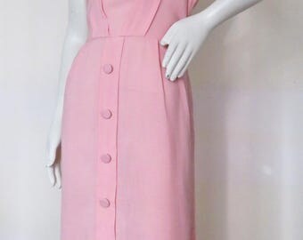 Vintage 1950s Pink Column Dress by Manford Casuals w/ Embroidered and Rhinestone Neckline