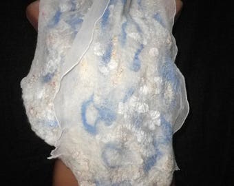 Nuno felted scarf, silk scarf, scarf, befilzter scarf in light blue, silk chiffon scarf