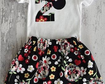 Minnie Mouse/Baby Girl Onesie Bodysuit with #2 and Minnie Mouse skirt for Second Birthday Party/Birthday Wishes/ Number 2/