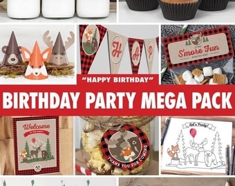 SALE Birthday Party Mega Pack - Buffalo Plaid Woodland / INSTANT DOWNLOAD / Lumberjack Birthday Decoration / Fox Moose Bear / Printable bp06