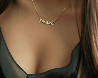 Name Necklace, English cursive font name necklace, handwrite name necklace 14K rose gold plated 925 silver name necklace
