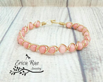 Morganite gemstone bangle bracelet, pink bracelet, wire wrapped bangle bracelet, wire wrap bangle bracelet, gold wire bracelet, stacking