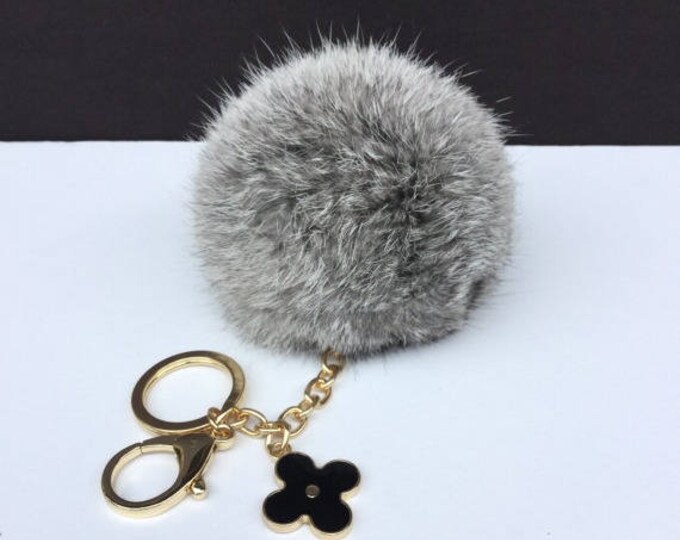 Limited Edition "very grey" Rabbit fur pom pom keychain or bag pendant with flower keychain gold edition
