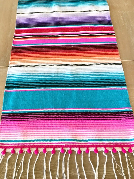 Mexican blanket Serape table runner, bright colorful turquoise
