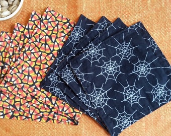HALLOWEEN PARTY NAPKINS Candy Corn Spider Web Fabric Napkins Set of 8 Cotton Handmade Halloween Cocktail Party Appetizer Lunch Napkins