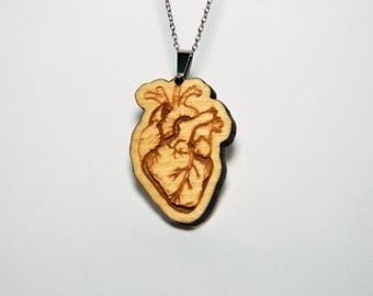 Wood anatomical Heart Necklace