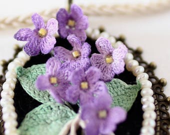 Crochet pendant, statement choker, boho pendant, elegant choker, flower pendant with tiny violets, micro crochet, gift for girlfriend