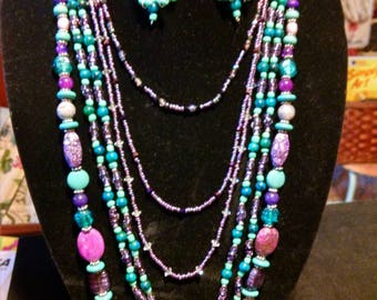 Purple and aqua multi strand necklace and earrings set