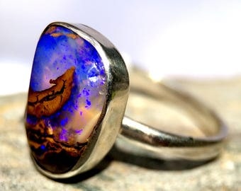 Fantastic Boulder Opal Ring, Australian Opal Ring, Opal Silver Ring, Hand Cut Opal, UK size Q1/2, US size 8 1/2