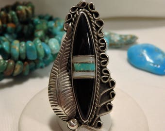 Big Old ZUNI Natural Nevada TURQUOISE Black Onyx Shell STERLING Silver Squash Blossom Ring sz6