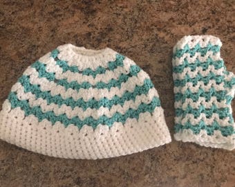 Crochet Messy Bun Ponytail Hat and Fingerless Gloves