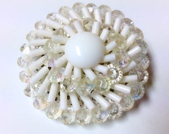 Fascinating Vintage West Germany AB Crystals & White Milk Glass Bugle Beads Round Brooch Pin