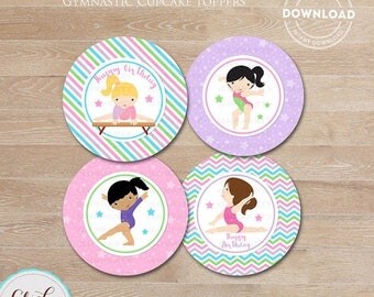 50% OFF SALE Gymnastic Cupcake Toppers, Gymnastic Party Printable, Gymnastic Stickers, Gymnastic favors DIY, Party Decorations Instant Downl