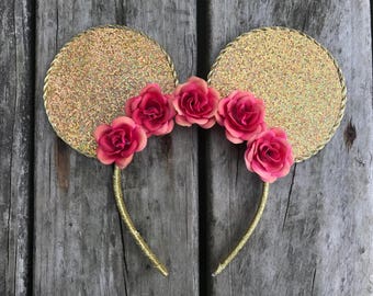 Gold glitter disney ears with flowers