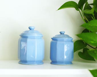 Light blue vintage canisters, light blue jars, coffee and tea storage jars, canister set, vintage storage