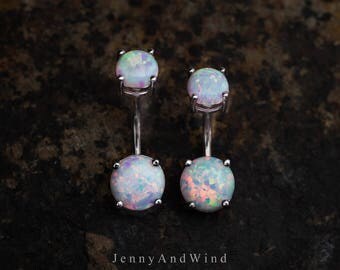 belly ring belly button ring belly jewelry white fire opal silver belly button ring simple base 14g 8mm ~belly-doubleopal