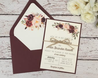Rustic wedding invitation, boho chic invitation, burgundy wedding invitation, marsala wedding invitation, rustic boho invitation