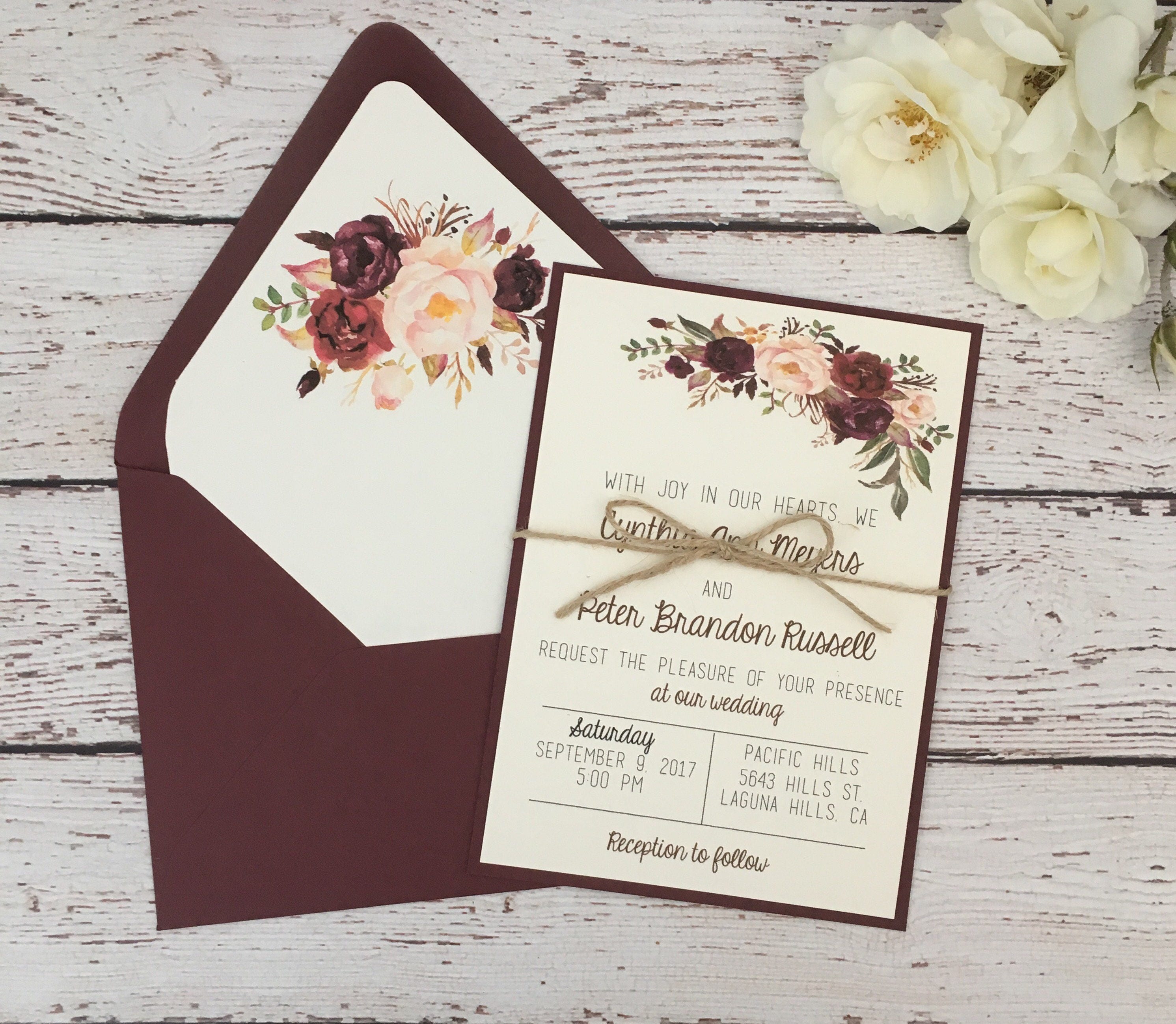 Rustic wedding invitation boho chic invitation burgundy