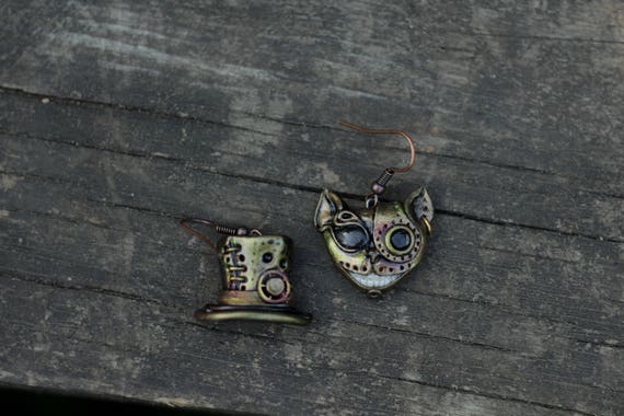 Earrings "Cat and Hat". by BiooArtStudio steampunk buy now online