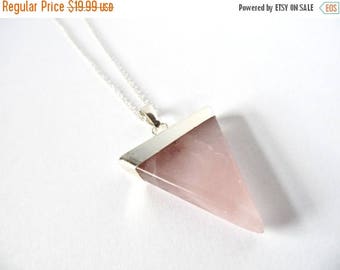 SALE Rose Quartz Necklace - Pink Gemstone Triangle - Stone Slice Pendant - Silver Plated Chain - Bridesmaids Gift - Bridal Party Gift - Love