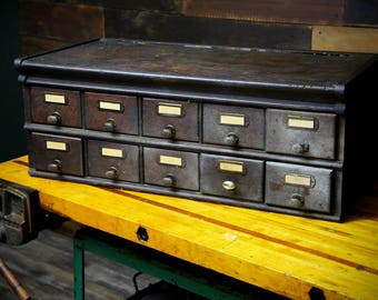 Shaw Walker Early 10 Drawer Antique Vintage Wood File Cabinet With "SW" Drawer Pulls Handles - Country General Store Brown