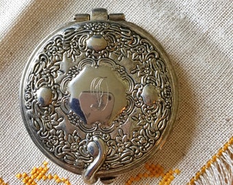 Monogram "D" Sterling Silver plated Vintage Beauty Compact with Repousse Design Purse Mirror + Magnification Wedding Gift