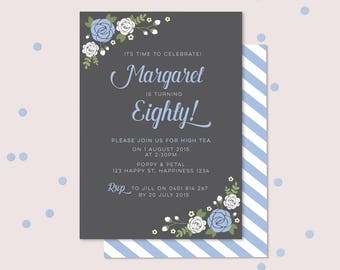 Ladies Floral 80th Birthday Invitation (Digital File) - Pretty, floral design in powder blue and white. Beautiful 80th invitation - Any age!