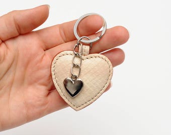 Heart key chain Leather Keyring Leather Key Ring Beige Heart Key Fob Valentines day gift|for|her Heart Bag Charm Bag Accessories Coin Charm