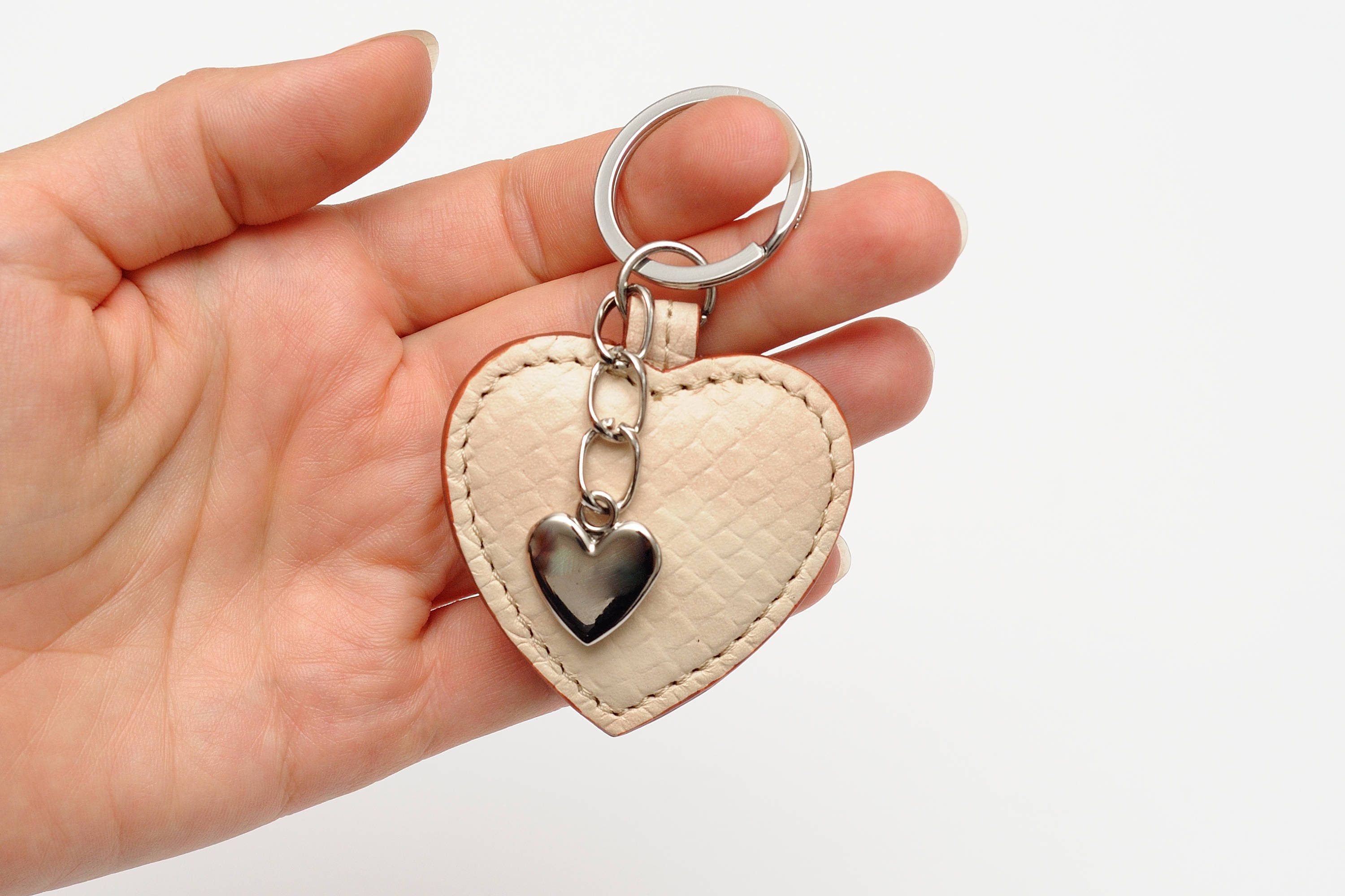 Heart key chain Leather Keyring Leather Key Ring Beige Heart